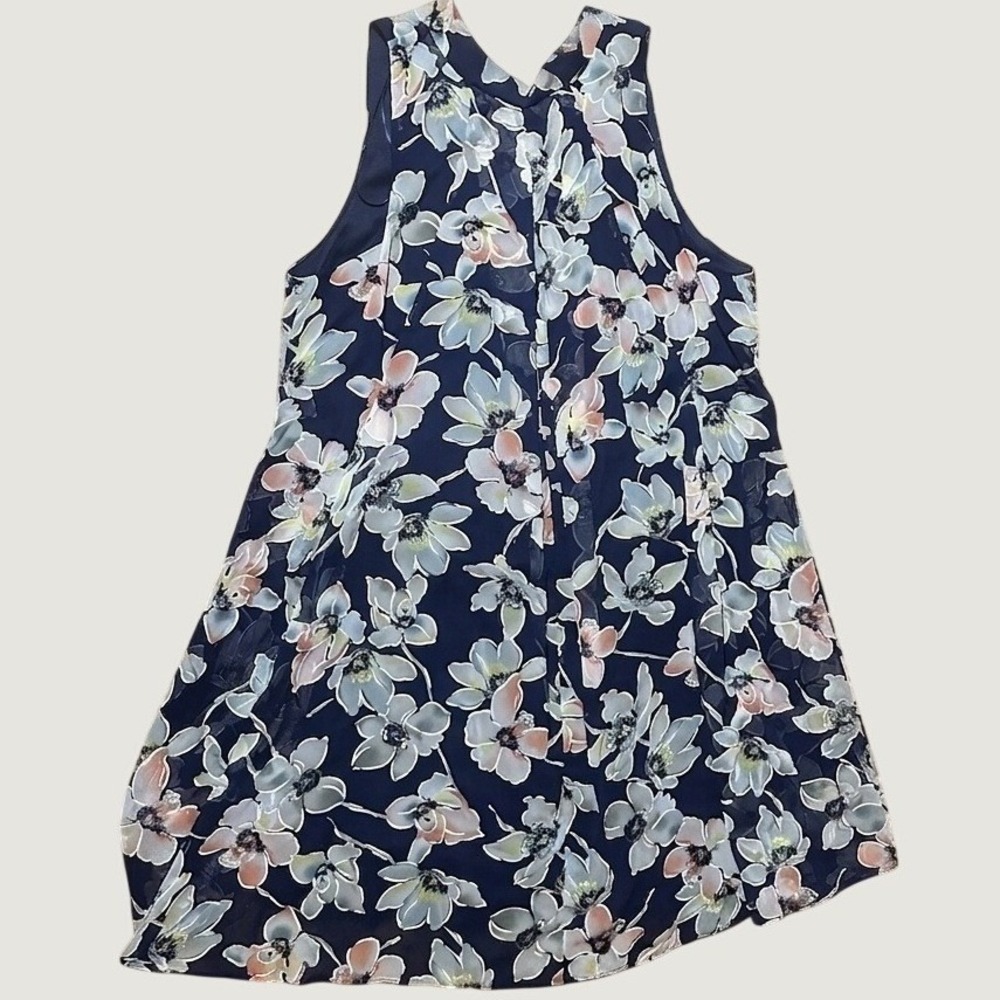 Floral Sleeveless Chiffon Shift Dress Navy Blue Robbie Bee 14
